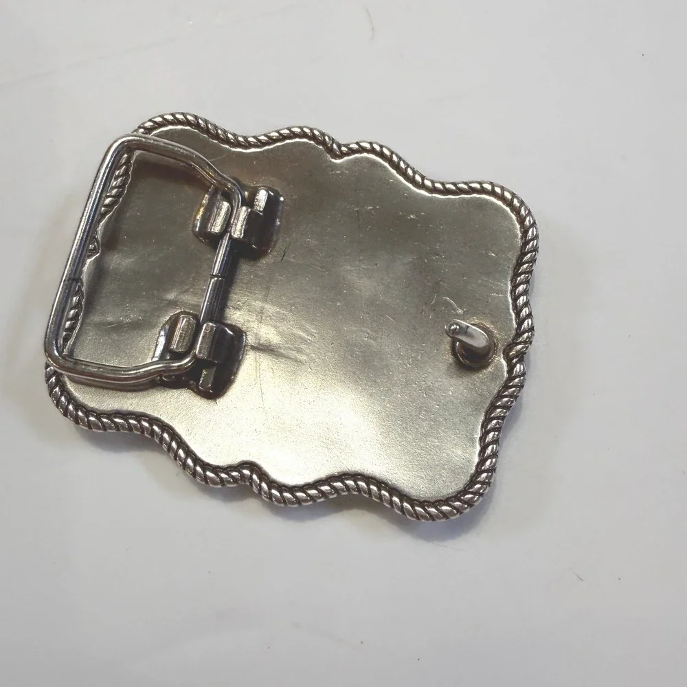 American Flag Belt Buckle Western Silver Tone Floral Scroll Patriotic USA Star